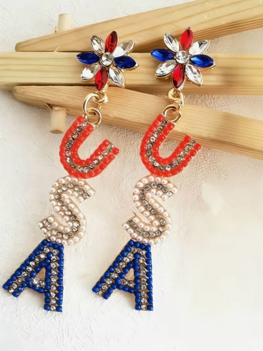 Sparkly USA Patriotic July 4th Earrings Red White Blue Crystal Bling Gold NWT